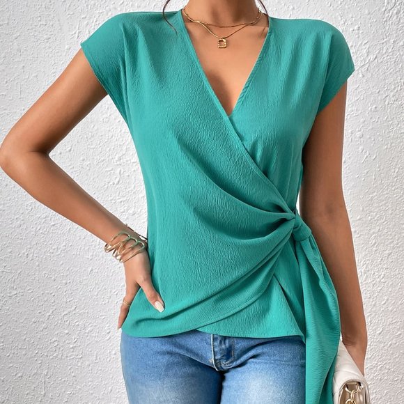 Tied Surplice Neck Short Sleeve Blouse - Picture 1 of 5